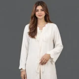 Front view of Aura Bow off white georgette co ord set with front bow tie for women in pakistan