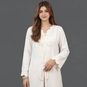 Front view of Aura Bow off white georgette co ord set with front bow tie for women in pakistan