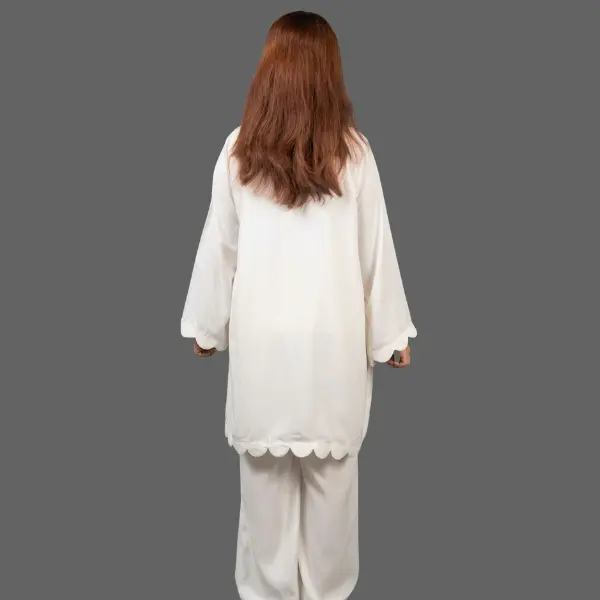 Aura Bow Off White Georgette Co Ord Set Front View Back view of Aura Bow off white georgette co ord set with front bow tie for women in pakistan