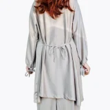 Back view showing adjustable back waist tie on olive gray georgette co ord set